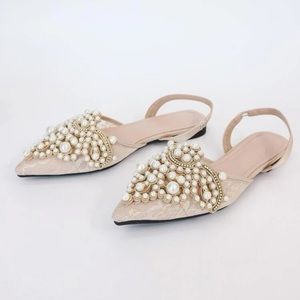 SHEIN Women Faux Pearl & Rhinestone Decor Slingback Flats, Fashion Outdoor Flats